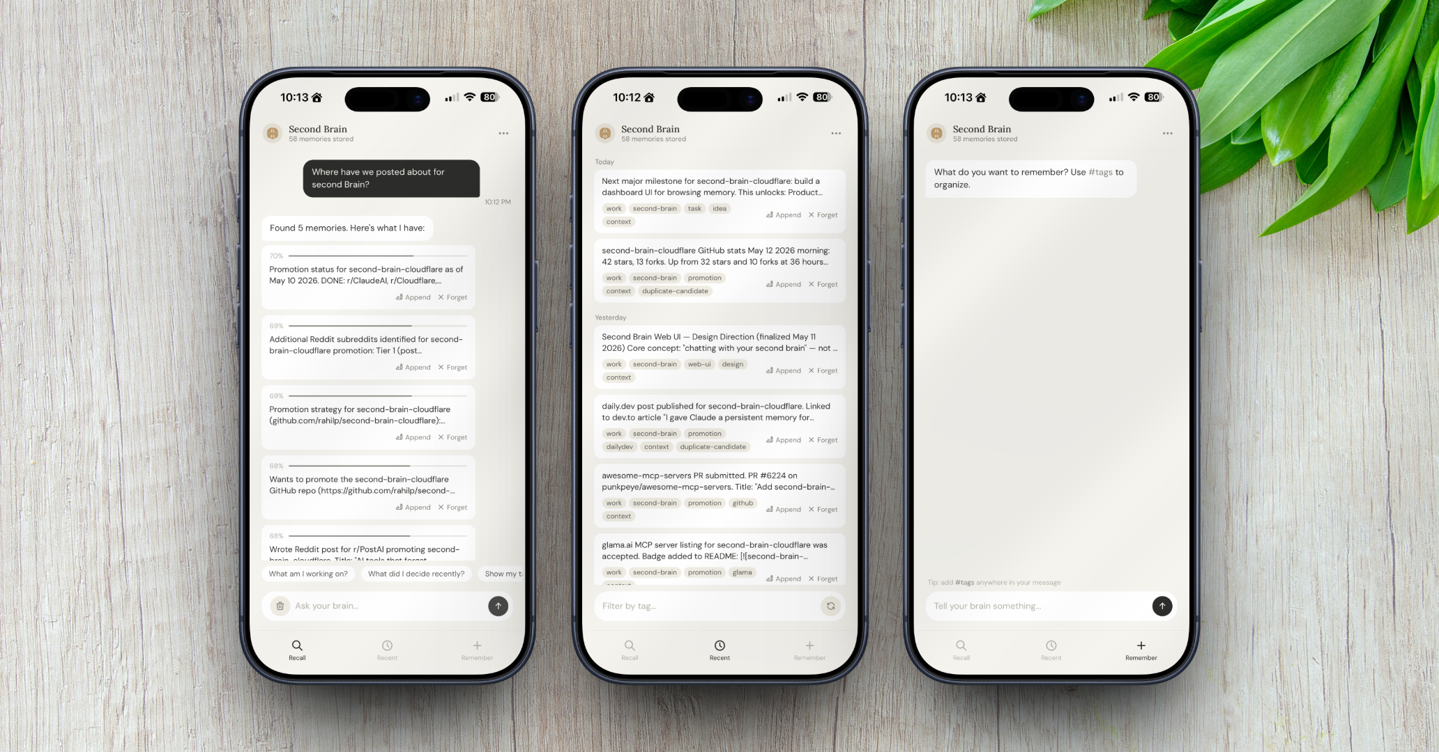 Second Brain dashboard shown on three iPhones — Recall, Recent, and Remember views